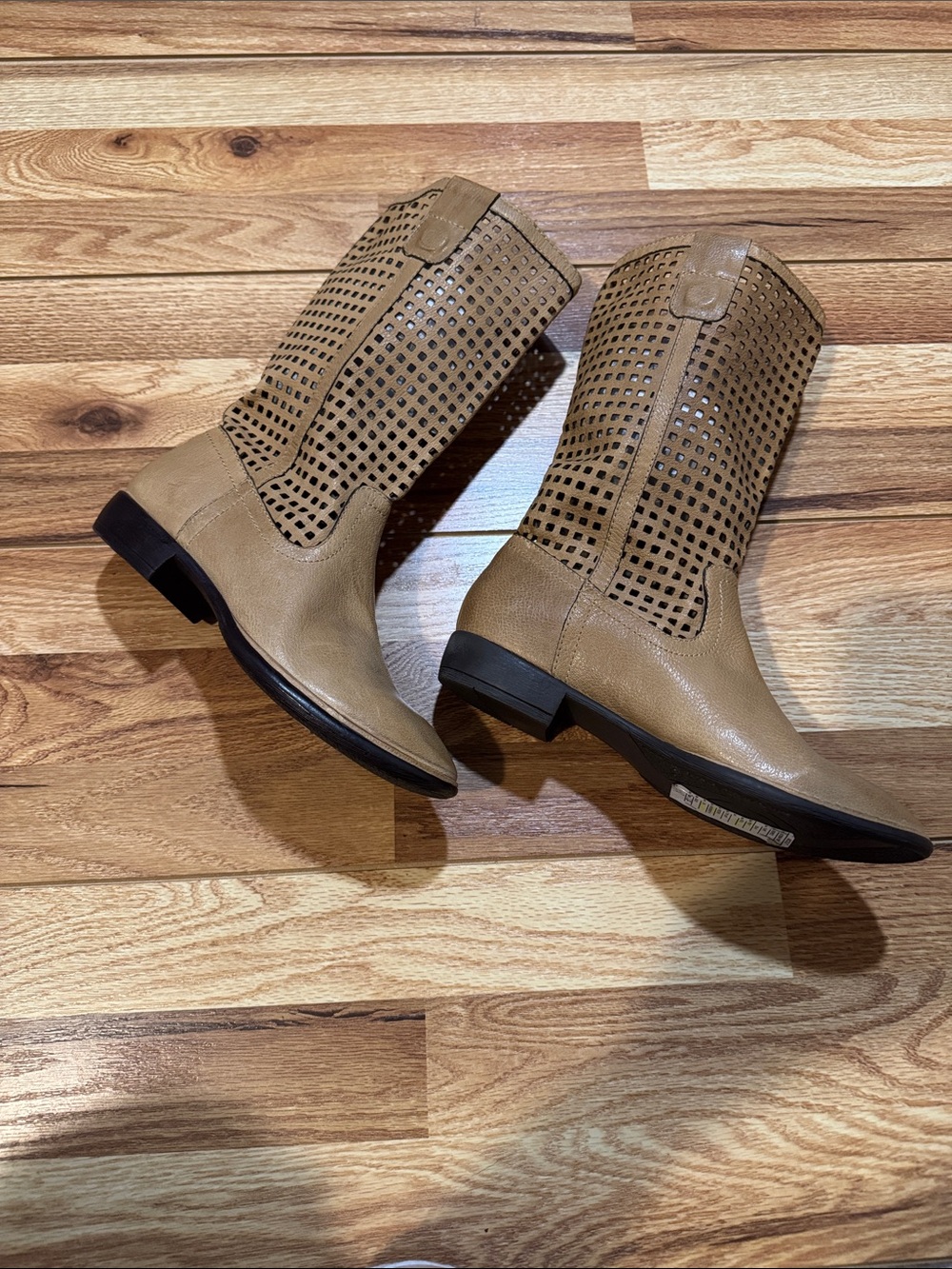 Nicole Lee Perforated Tan Mid-Calf Heeled Boots